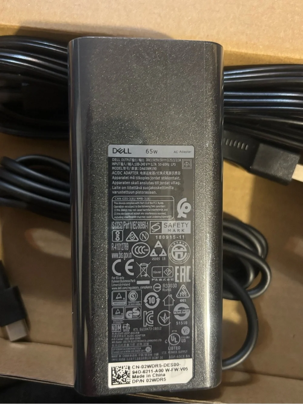 Dell Black USB-C Power Adapter with Attached Cable